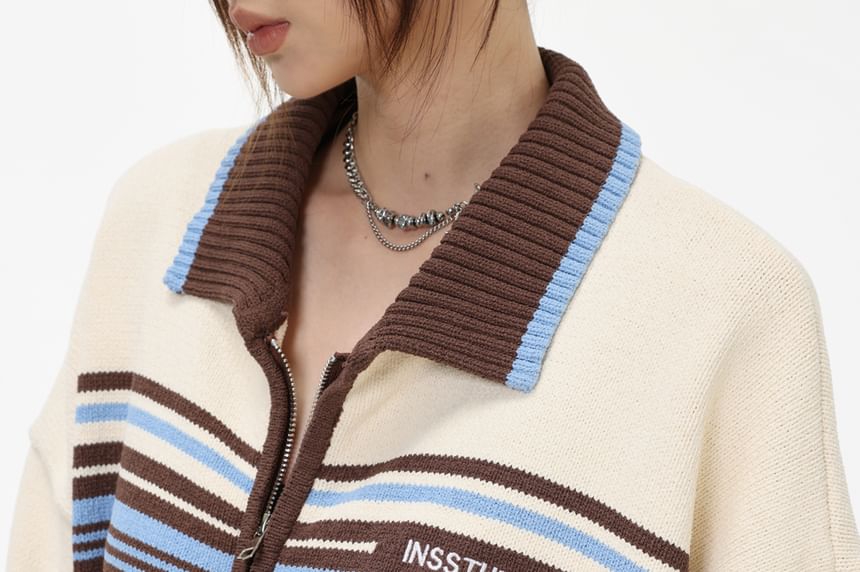 Unisex Polo-Collar Colorblock Zipper Cardigan