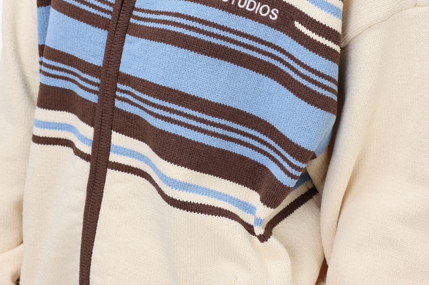 Unisex Polo-Collar Colorblock Zipper Cardigan