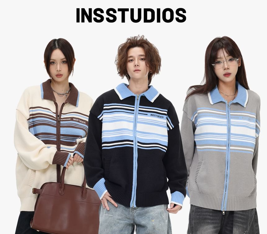 Unisex Polo-Collar Colorblock Zipper Cardigan