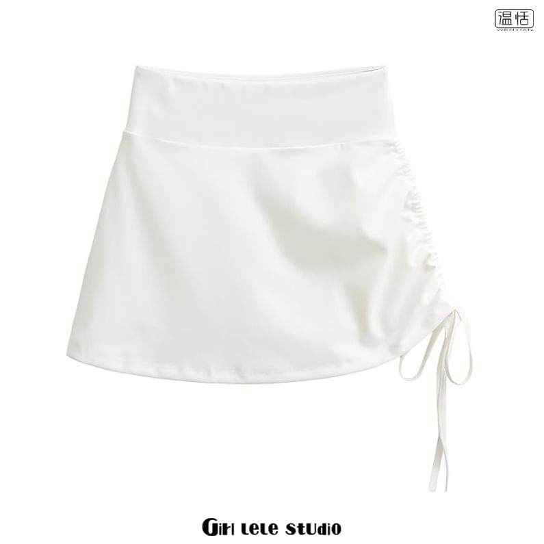 High Waist Plain Drawstring Mini A-Line Skirt