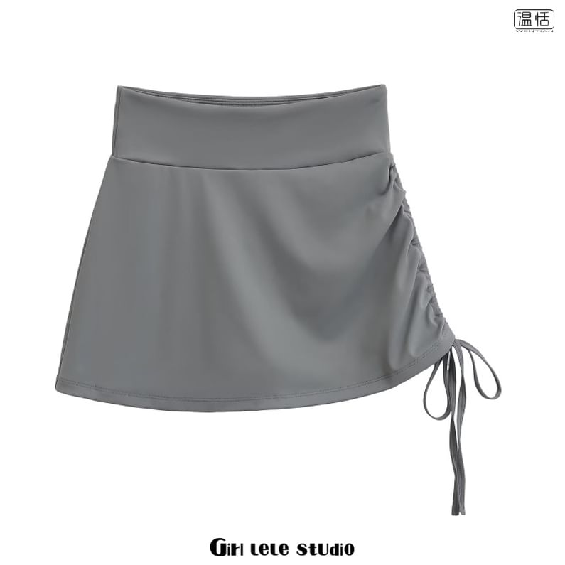 High Waist Plain Drawstring Mini A-Line Skirt