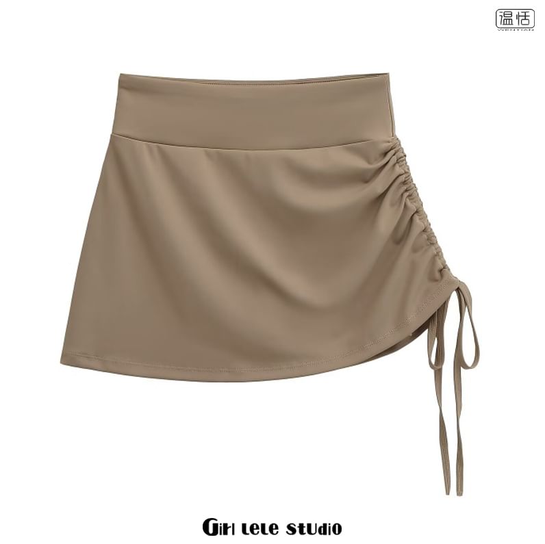 High Waist Plain Drawstring Mini A-Line Skirt