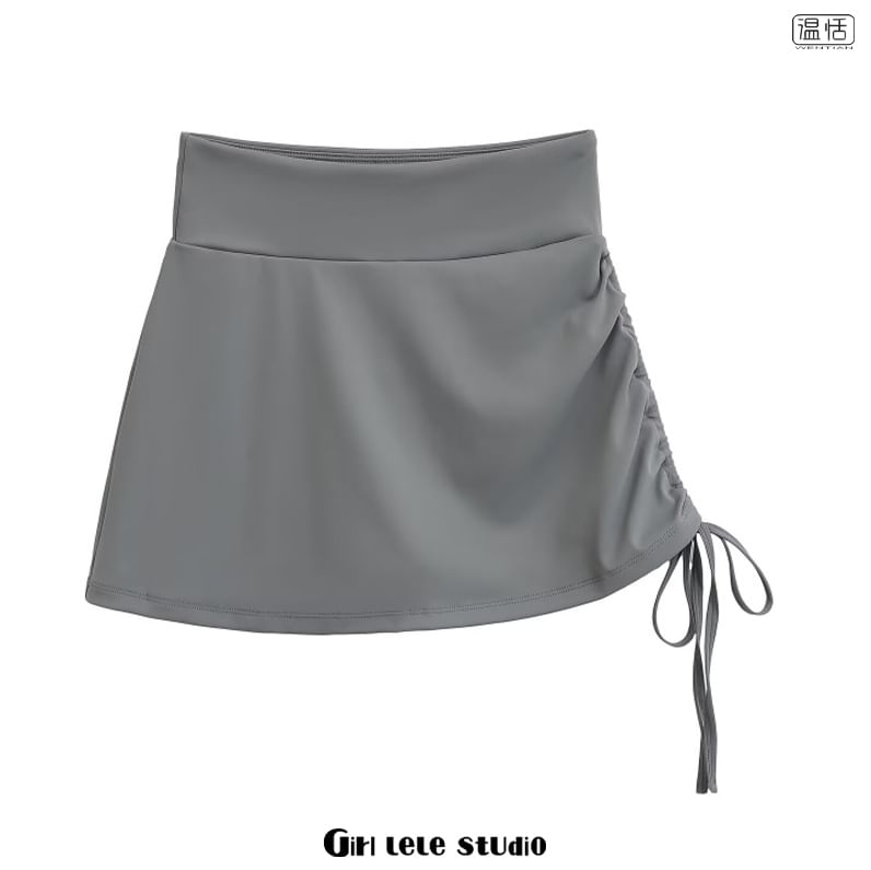High Waist Plain Drawstring Mini A-Line Skirt