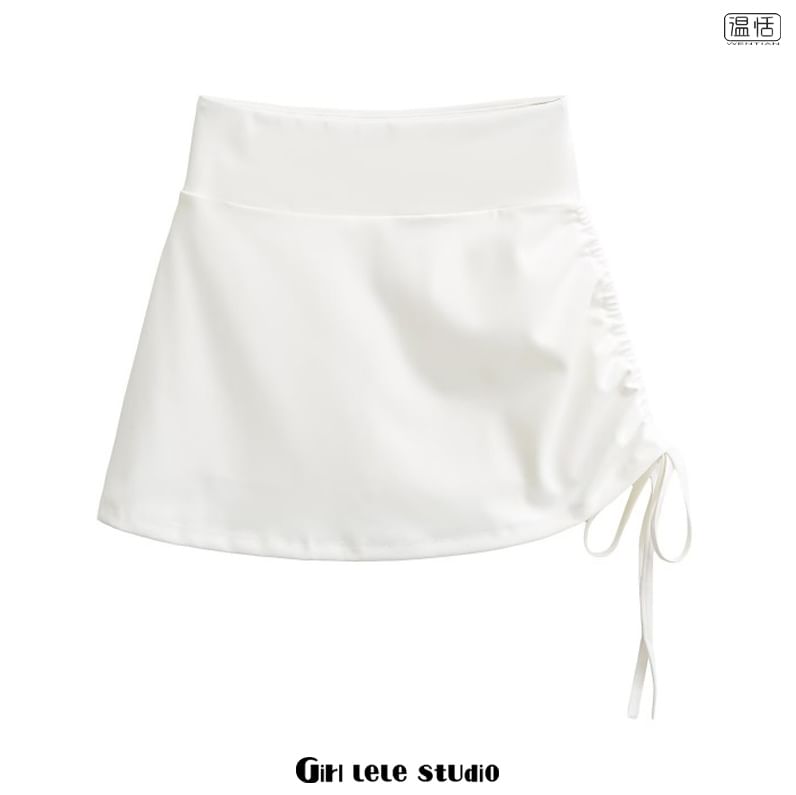 High Waist Plain Drawstring Mini A-Line Skirt