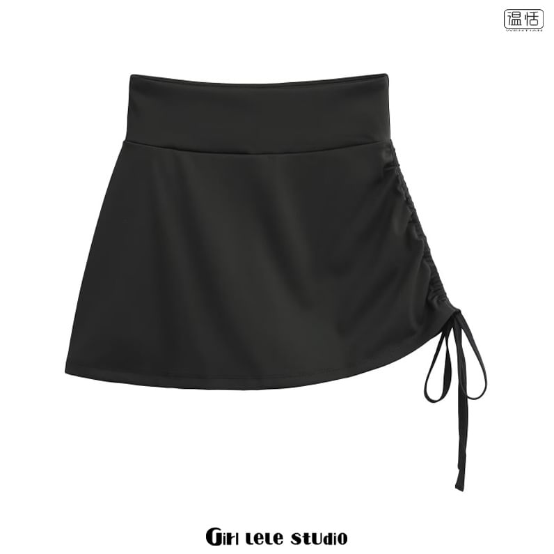 High Waist Plain Drawstring Mini A-Line Skirt