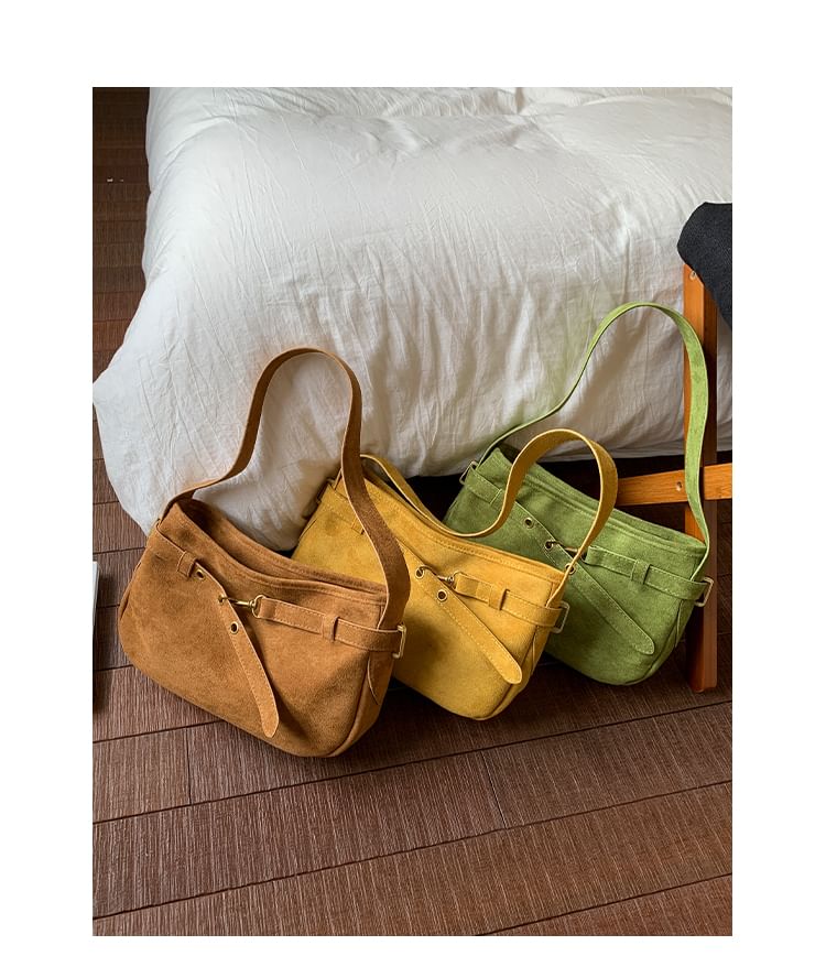 Plain Belted Faux Suede Shoulder Bag