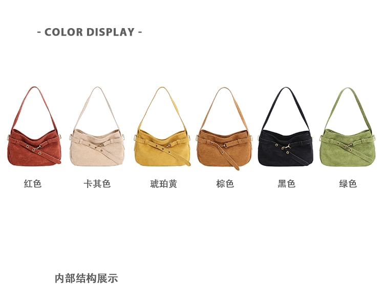 Plain Belted Faux Suede Shoulder Bag