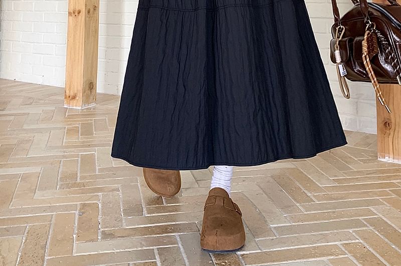 Elastic Waist Tiered Midi A-Line Skirt