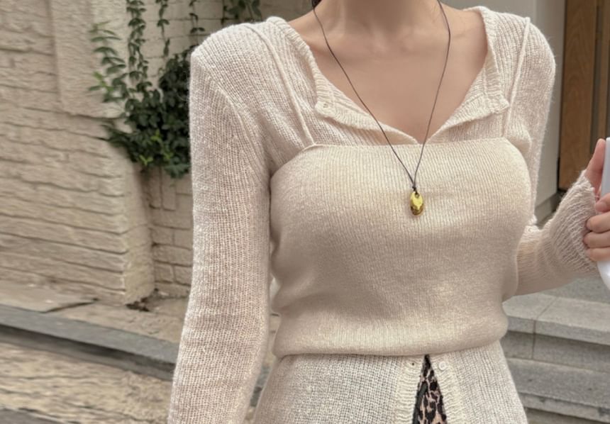 Set: Ribbed Crop Knit Camisole Top + Crew Neck Cardigan