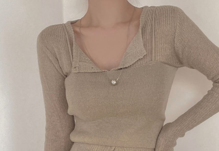 Set: Ribbed Crop Knit Camisole Top + Crew Neck Cardigan