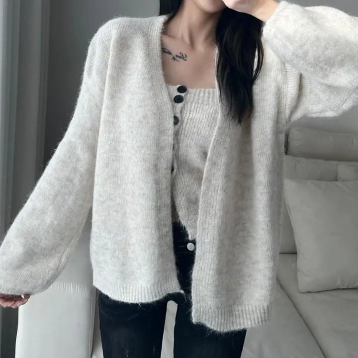 Set: Button Ribbed Knit Tube Top + Open Front Cardigan