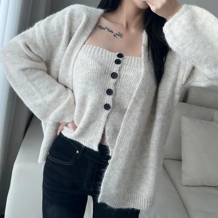 Set: Button Ribbed Knit Tube Top + Open Front Cardigan
