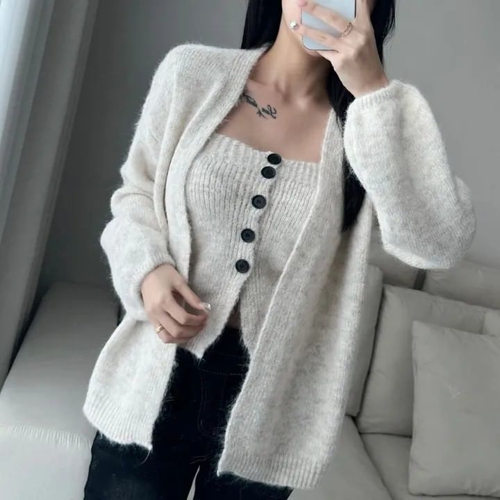 Set: Button Ribbed Knit Tube Top + Open Front Cardigan