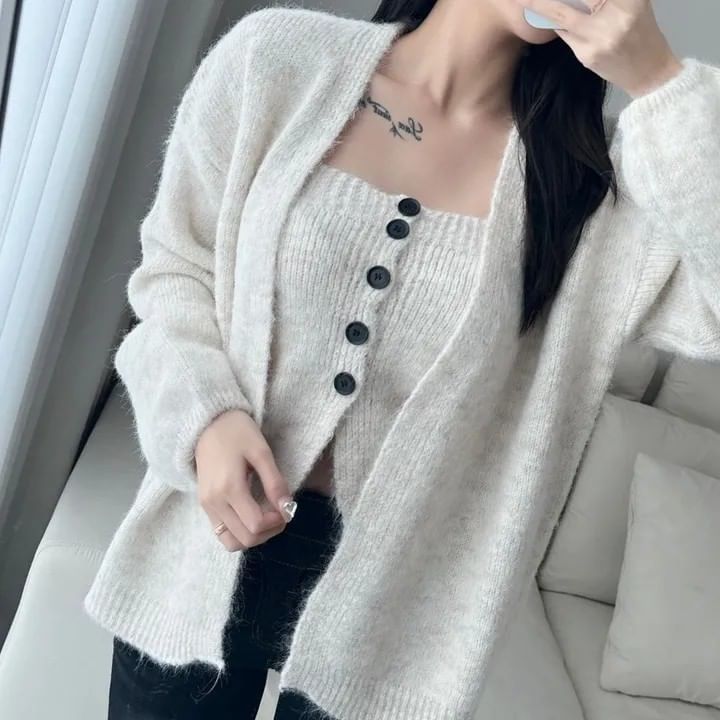 Set: Button Ribbed Knit Tube Top + Open Front Cardigan