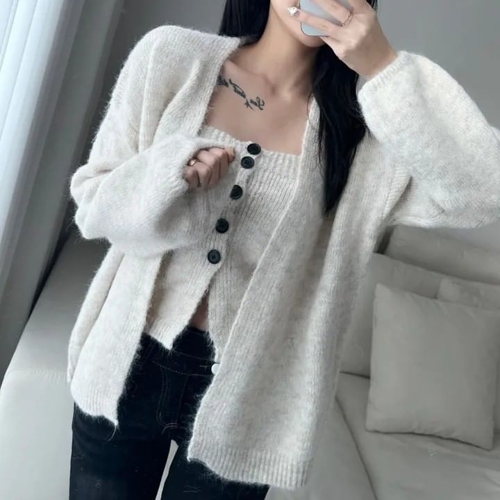 Set: Button Ribbed Knit Tube Top + Open Front Cardigan