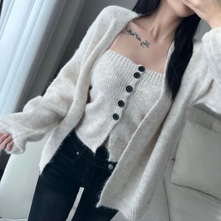 Set: Button Ribbed Knit Tube Top + Open Front Cardigan
