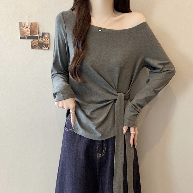 Asymmetrical Tie Waist T-Shirt with Off-Shoulder and Long Sleeves