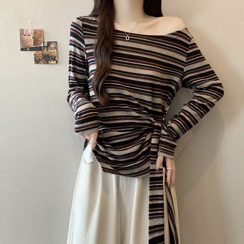 Asymmetrical Tie Waist T-Shirt with Off-Shoulder and Long Sleeves