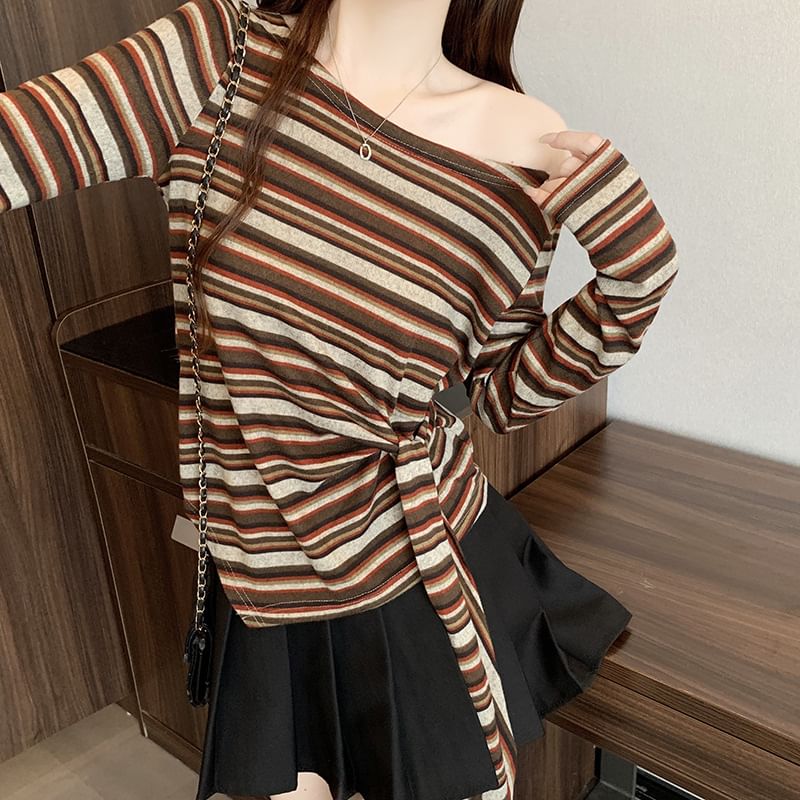Asymmetrical Tie Waist T-Shirt with Off-Shoulder and Long Sleeves