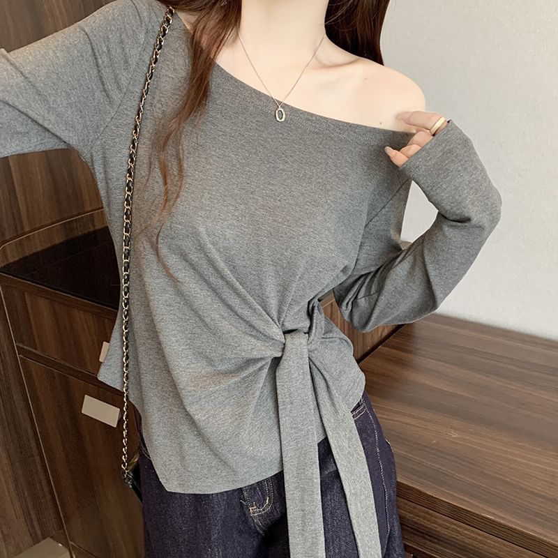 Asymmetrical Tie Waist T-Shirt with Off-Shoulder and Long Sleeves