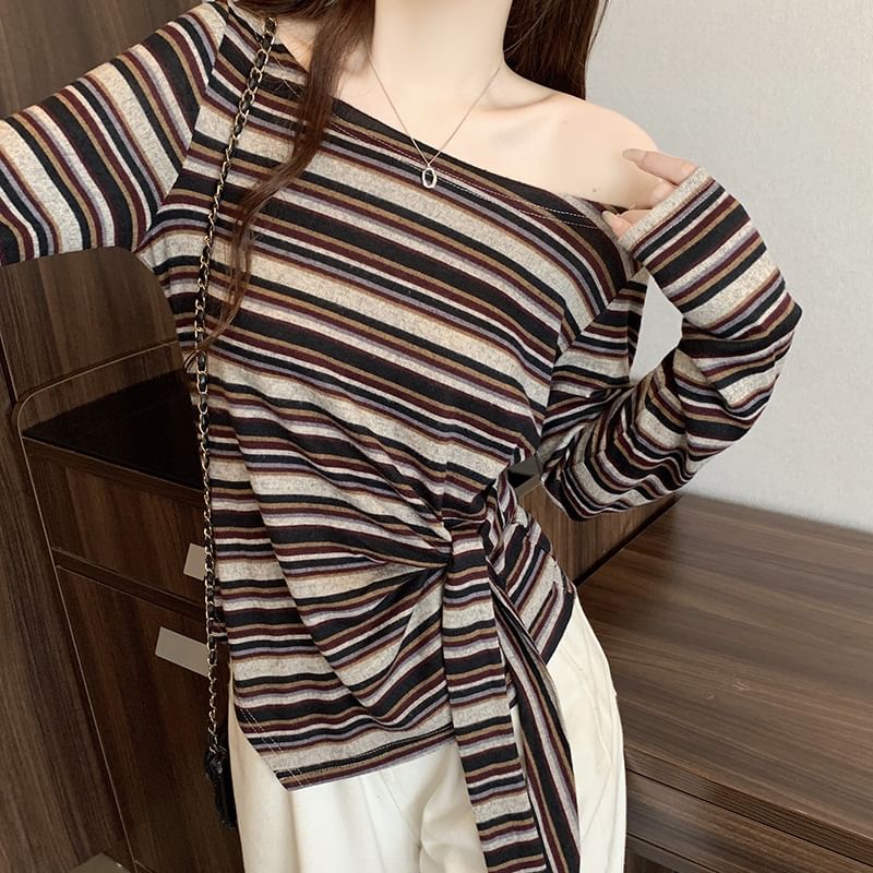 Asymmetrical Tie Waist T-Shirt with Off-Shoulder and Long Sleeves
