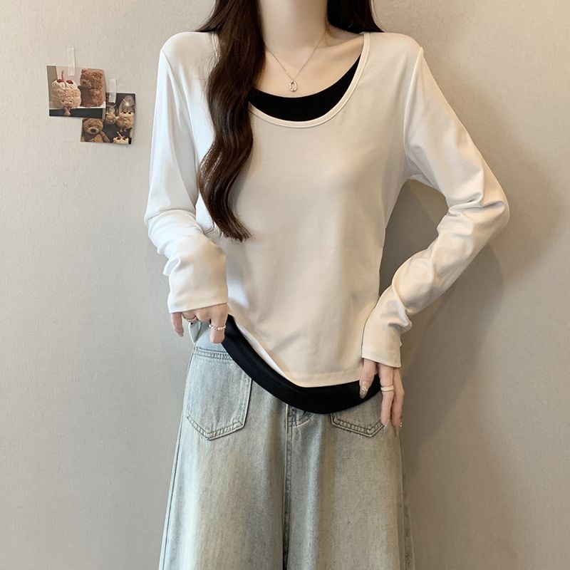 Two-Tone Mock Two-Piece T-Shirt with Scoop Neck and Long Sleeves