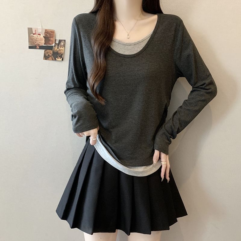 Two-Tone Mock Two-Piece T-Shirt with Scoop Neck and Long Sleeves