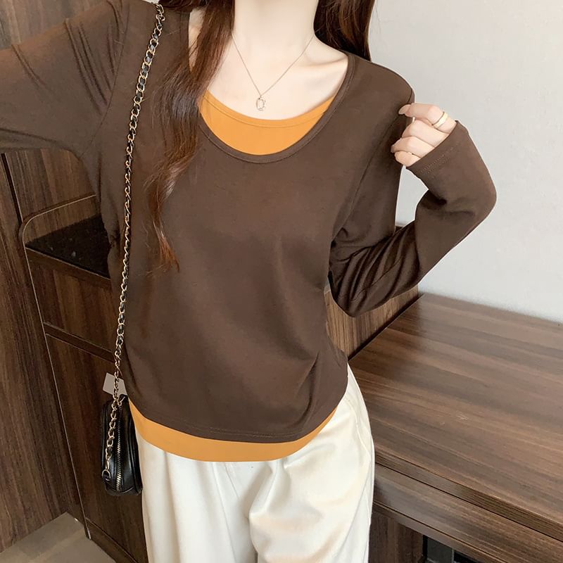 Two-Tone Mock Two-Piece T-Shirt with Scoop Neck and Long Sleeves