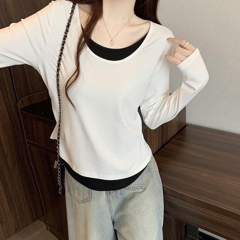 Two-Tone Mock Two-Piece T-Shirt with Scoop Neck and Long Sleeves