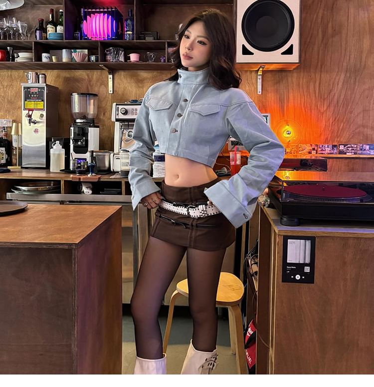 Mid Waist Buckled Mini Pencil Skirt & Faux Leather Crop Button-Up Jacket