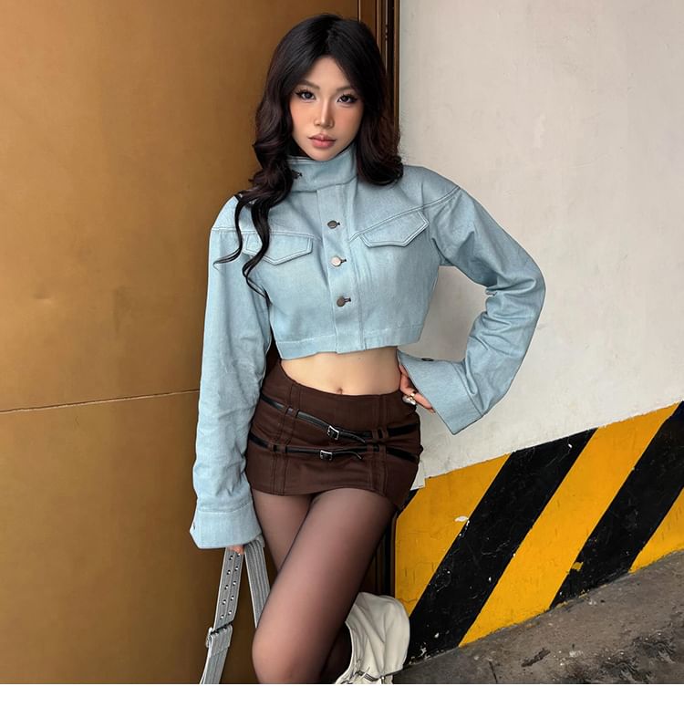 Mid Waist Buckled Mini Pencil Skirt & Faux Leather Crop Button-Up Jacket
