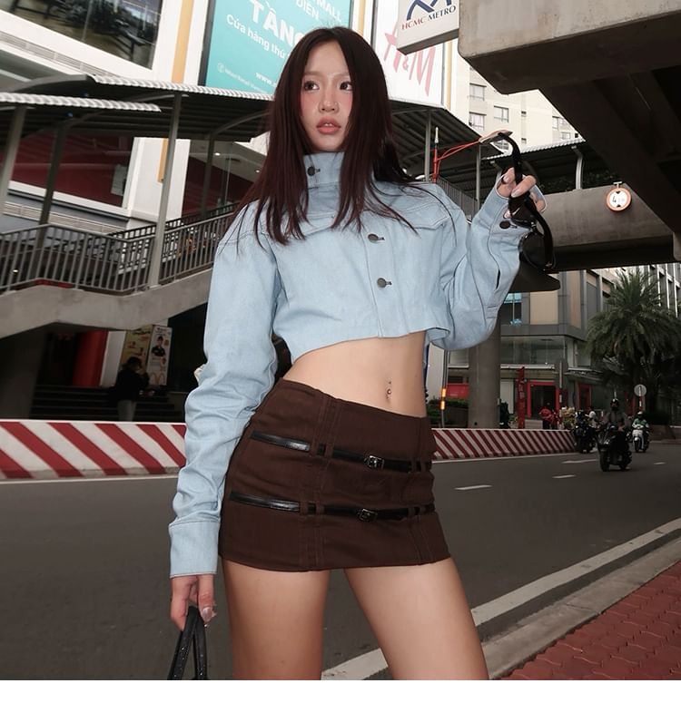 Mid Waist Buckled Mini Pencil Skirt & Faux Leather Crop Button-Up Jacket