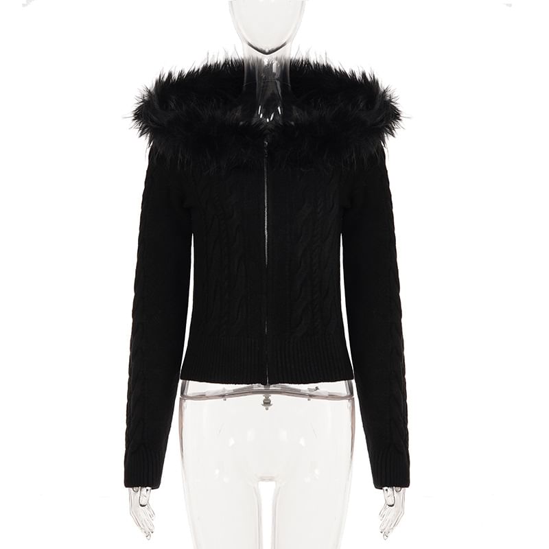 Plain Hooded Fluffy Trim Cable Knit Zip Cardigan