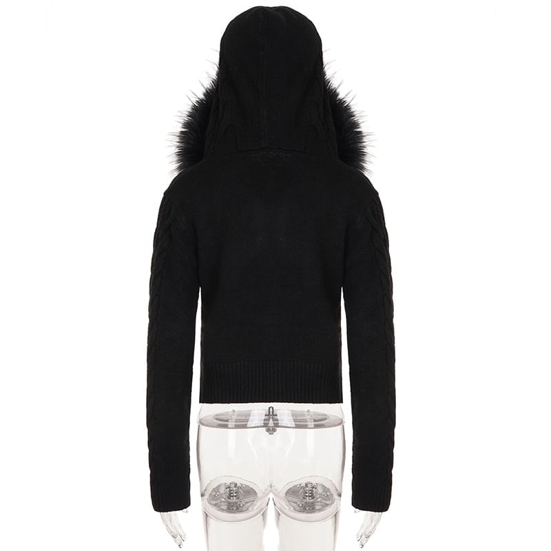 Plain Hooded Fluffy Trim Cable Knit Zip Cardigan