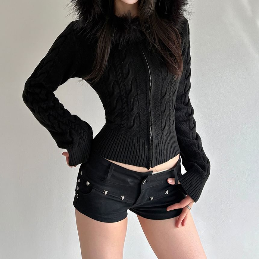 Plain Hooded Fluffy Trim Cable Knit Zip Cardigan