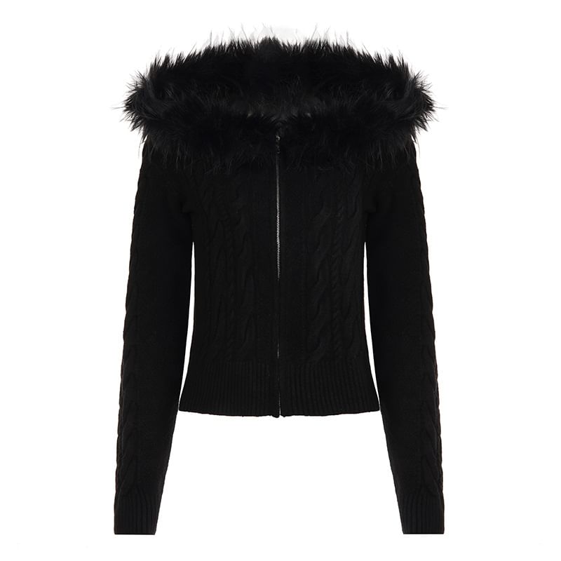 Plain Hooded Fluffy Trim Cable Knit Zip Cardigan