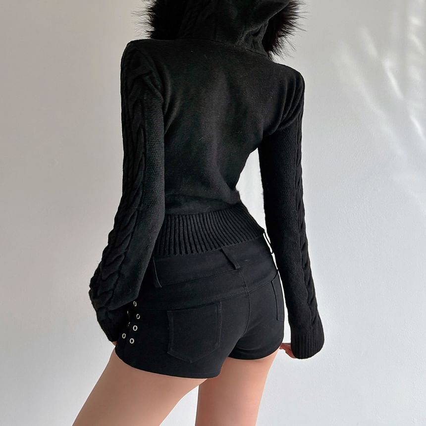 Plain Hooded Fluffy Trim Cable Knit Zip Cardigan