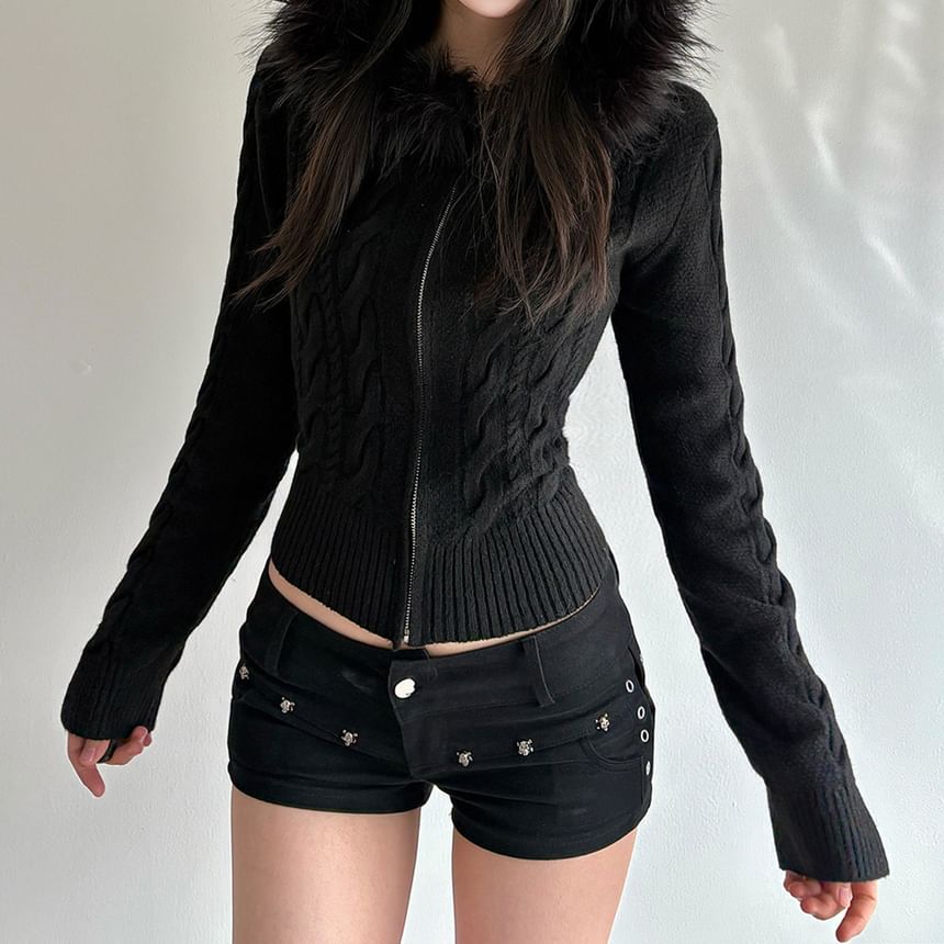 Plain Hooded Fluffy Trim Cable Knit Zip Cardigan