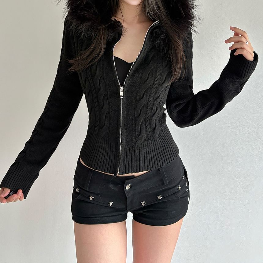 Plain Hooded Fluffy Trim Cable Knit Zip Cardigan