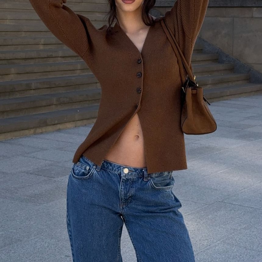 V-Neck Plain Ribbed Cardigan