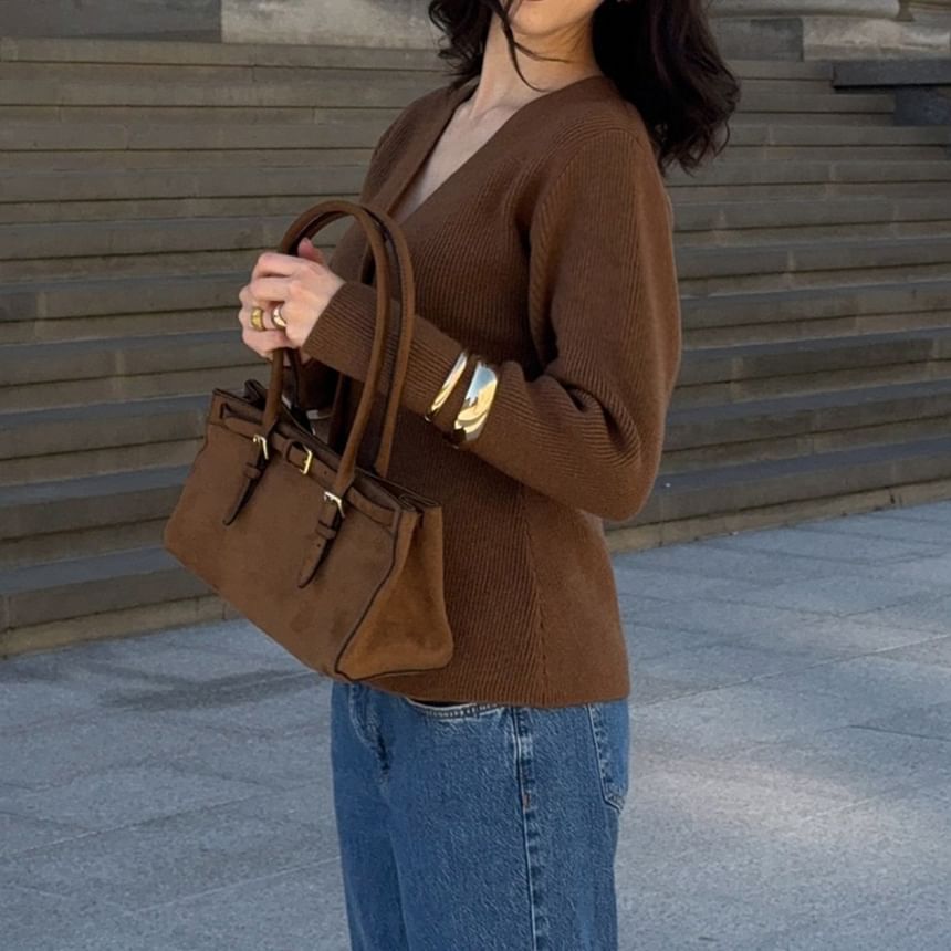 V-Neck Plain Ribbed Cardigan