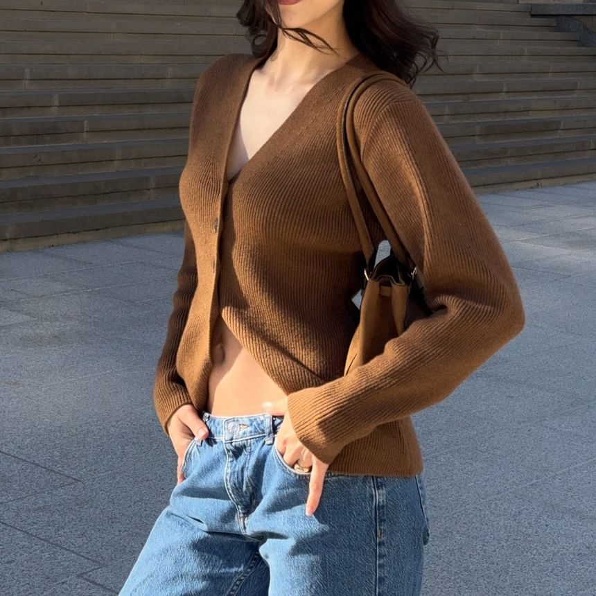 V-Neck Plain Ribbed Cardigan