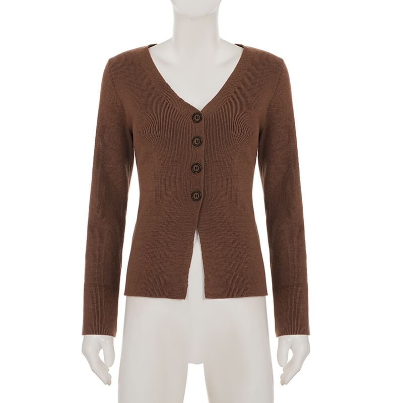 V-Neck Plain Ribbed Cardigan