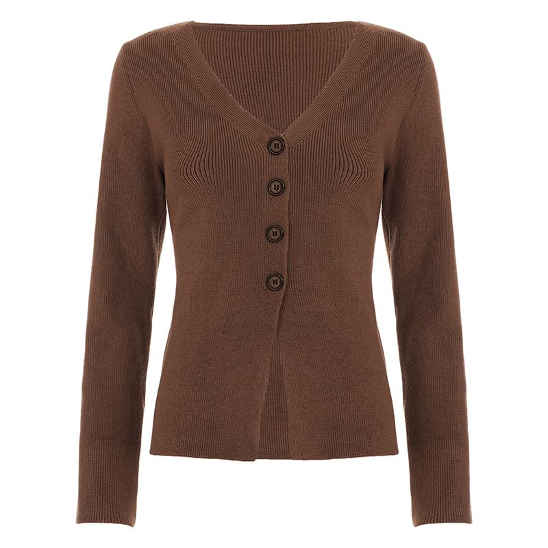 V-Neck Plain Ribbed Cardigan