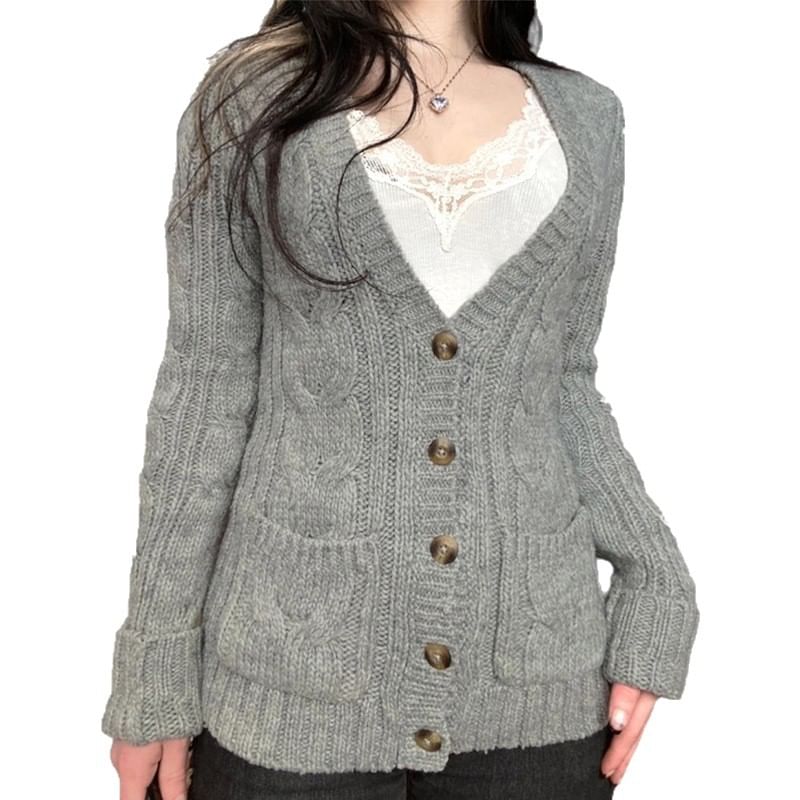 V-Neck Melange Cable Knit Cardigan