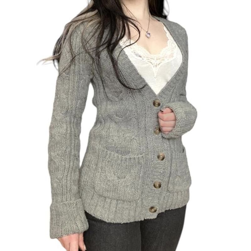V-Neck Melange Cable Knit Cardigan