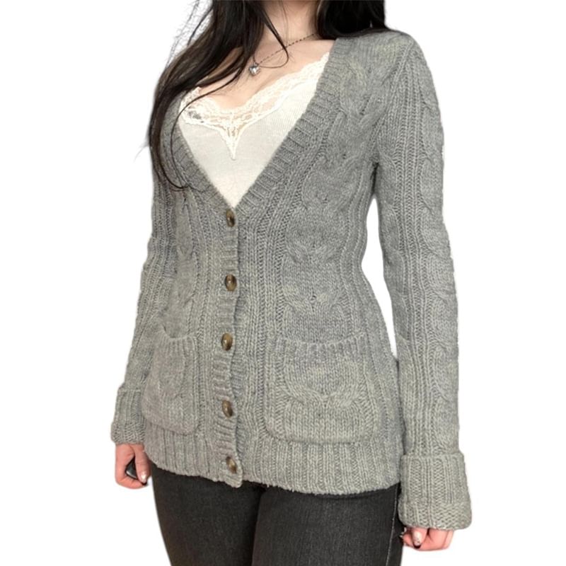 V-Neck Melange Cable Knit Cardigan