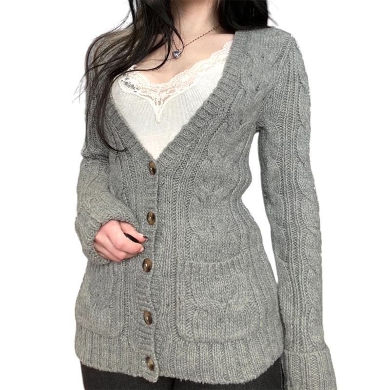 V-Neck Melange Cable Knit Cardigan