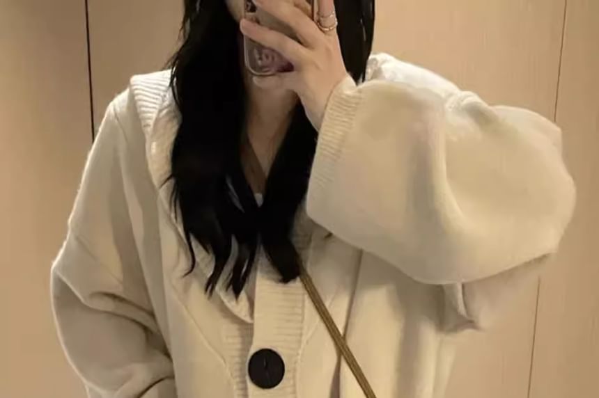 Hooded Button-Up Plain Oversized Cardigan