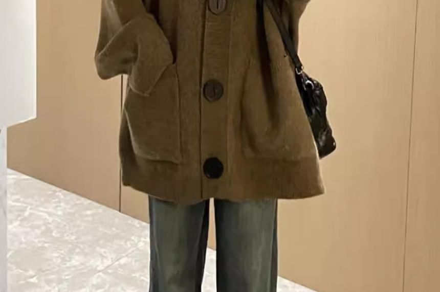 Hooded Button-Up Plain Oversized Cardigan
